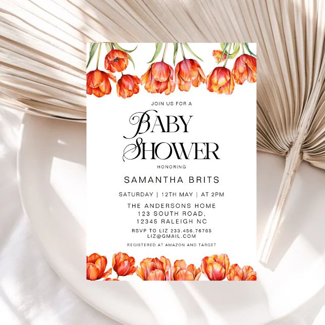 Invitación Naranja moderno Tulips Floral Baby Shower (Subido por el creador)