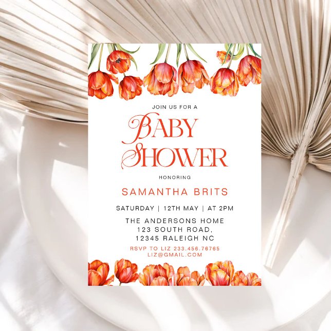 Invitación Naranja moderno Tulips Floral Baby Shower (Subido por el creador)