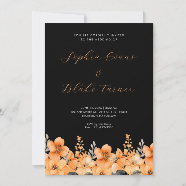 Invitación Naranja moderno Wildflowers Garden Boda Negro (Anverso)
