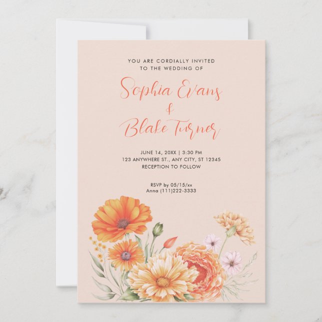 Invitación Naranja moderno y Boda beige del jardín rosado (Anverso)