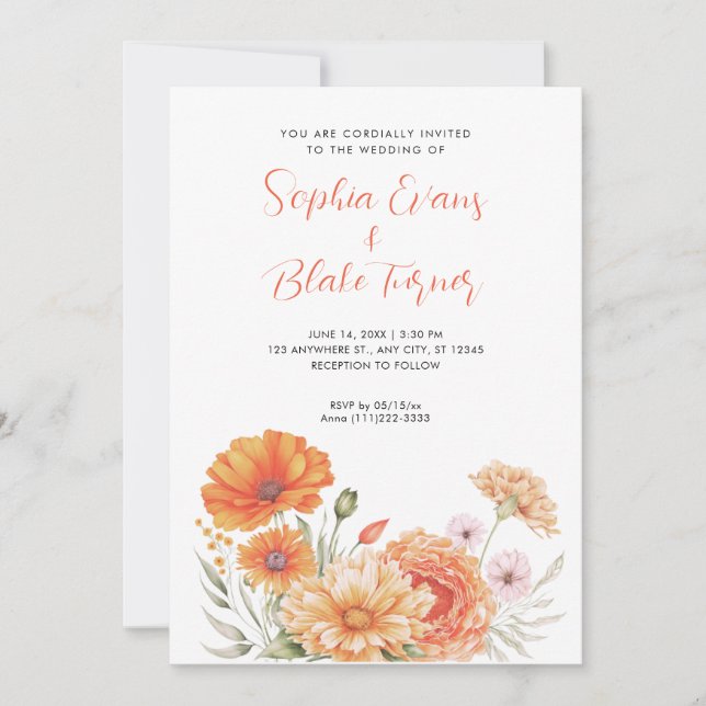 Invitación Naranja moderno y Boda blanco de los jardines rosa (Anverso)