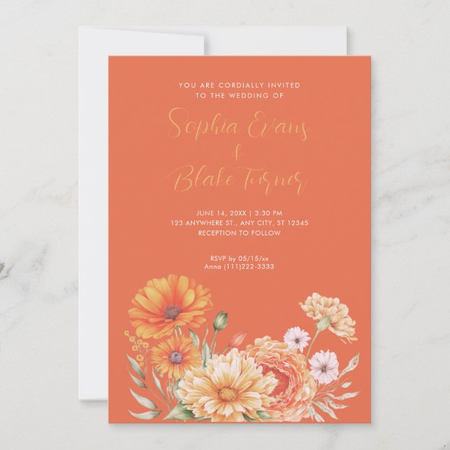 Invitación Naranja moderno y Boda Naranja de jardín rosado (Anverso)