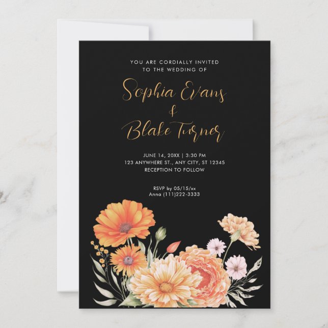 Invitación Naranja moderno y Boda negro de jardín rosado (Anverso)