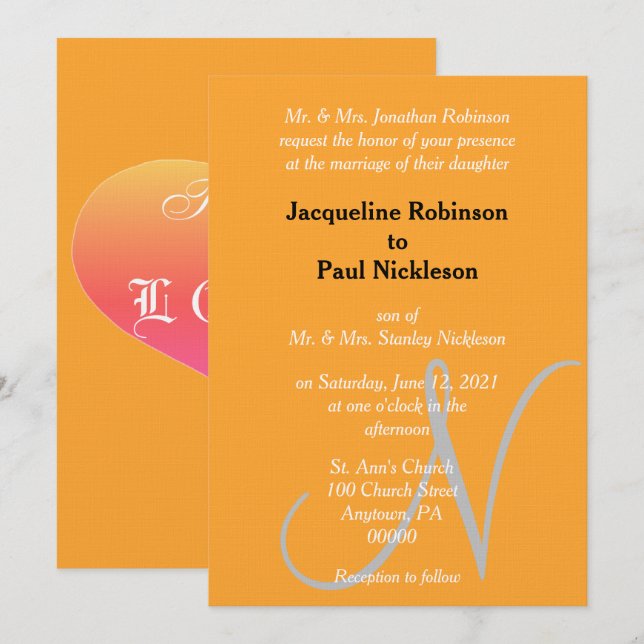 Invitación Naranja Monograma Corazón de Amanecer (Anverso / Reverso)