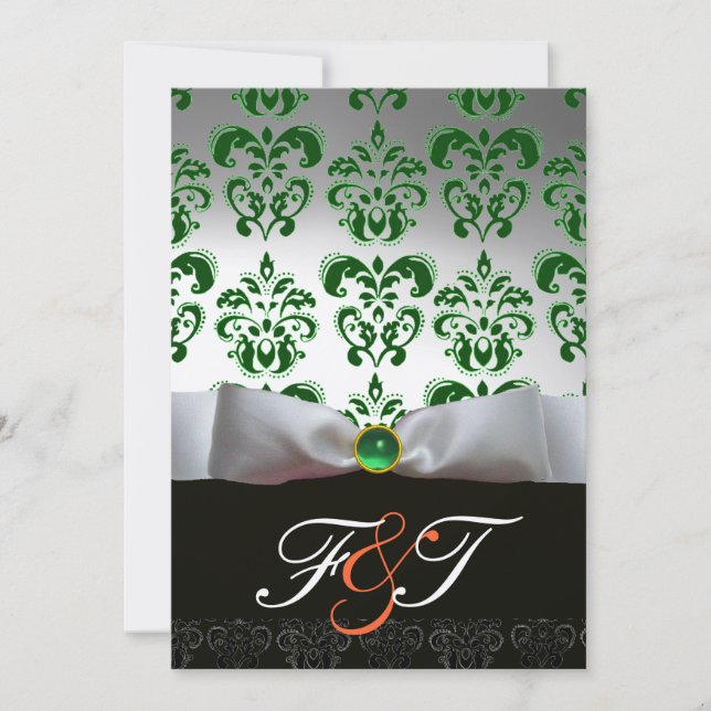 Invitación Naranja MONOGRAMA DE BLANCO VERDE Y DAMASCO NEGRO (Anverso)