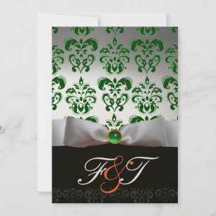 Invitación Naranja MONOGRAMA DE BLANCO VERDE Y DAMASCO NEGRO