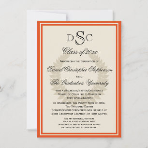 Invitación Naranja Monograma Laurel Classic College Graduado