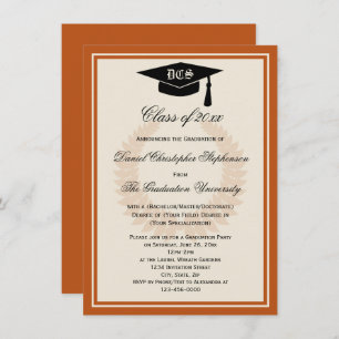 Invitación Naranja Monograma Laurel Classic College Graduado