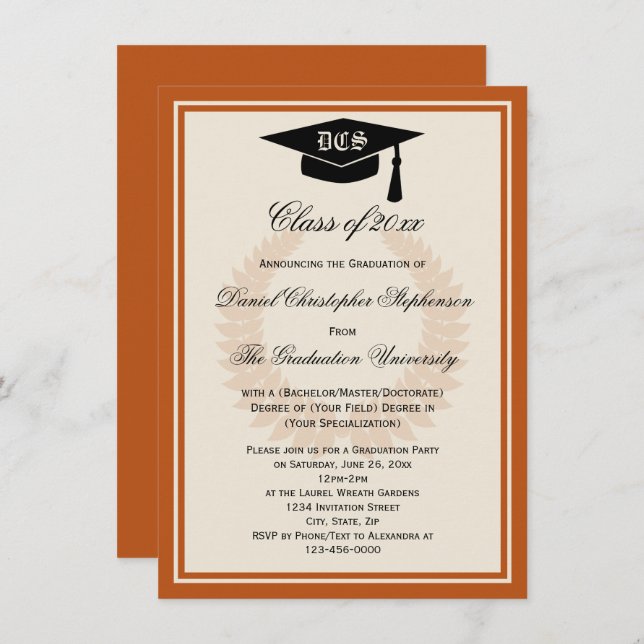 Invitación Naranja Monograma Laurel Classic College Graduado (Anverso / Reverso)
