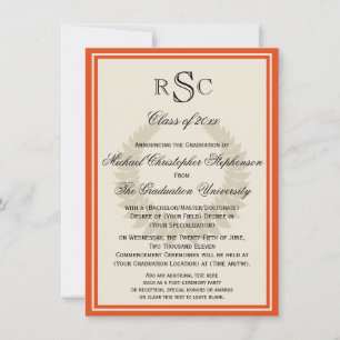 Invitación Naranja Monograma Laurel Classic College Graduado