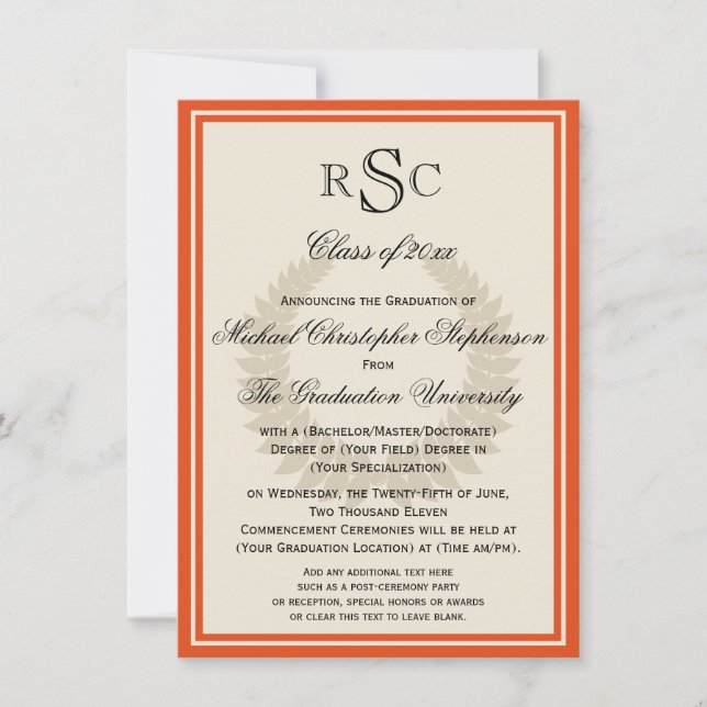 Invitación Naranja Monograma Laurel Classic College Graduado (Anverso)