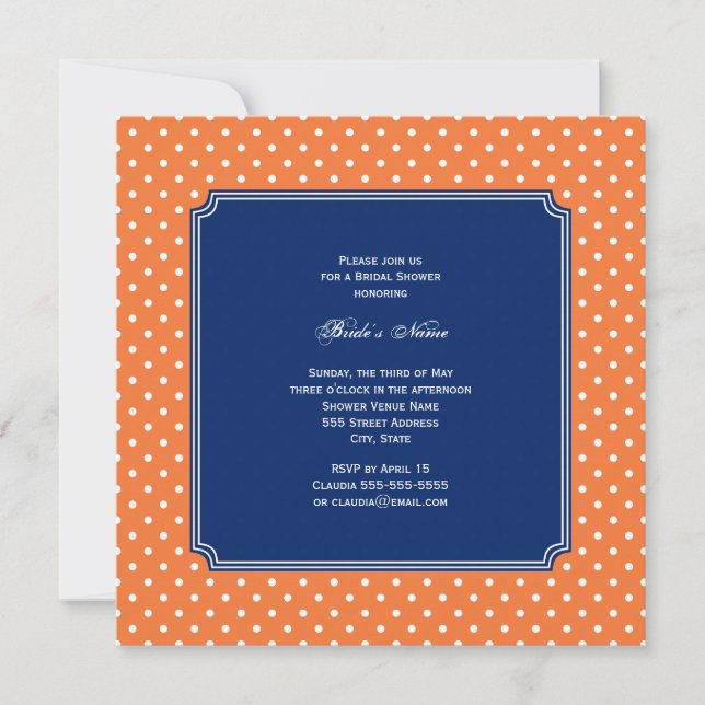 Invitación Naranja monograma, punto de Polka blanco con azul  (Anverso)