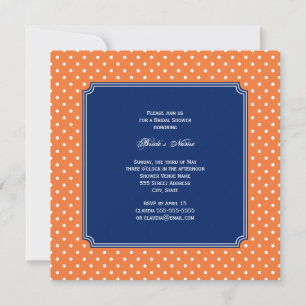 Invitación Naranja monograma, punto de Polka blanco con azul 
