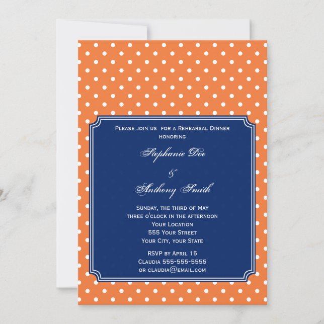Invitación Naranja monograma, punto de Polka blanco con azul  (Anverso)