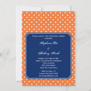 Invitación Naranja monograma, punto de Polka blanco con azul 
