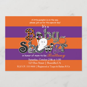 Invitación naranja morada para baby shower de Hall