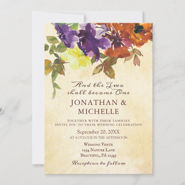 Invitación Naranja morado Boda cristiano floral  floral (Anverso)