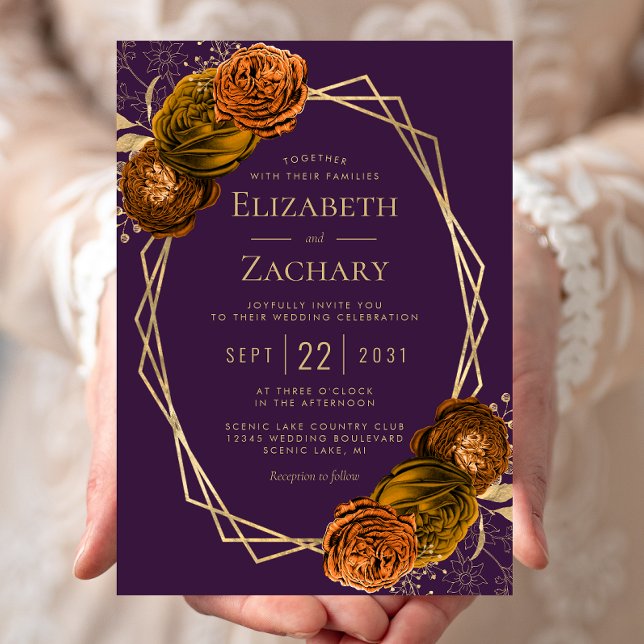 Invitación Naranja morado Boda geométrico de oro floral (Subido por el creador)