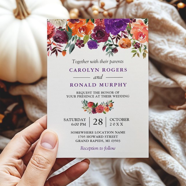Invitación Naranja morado de Borgoña Boda de viñedos florales (Subido por el creador)