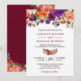 Invitación Naranja morado de Borgoña Boda floral rojo