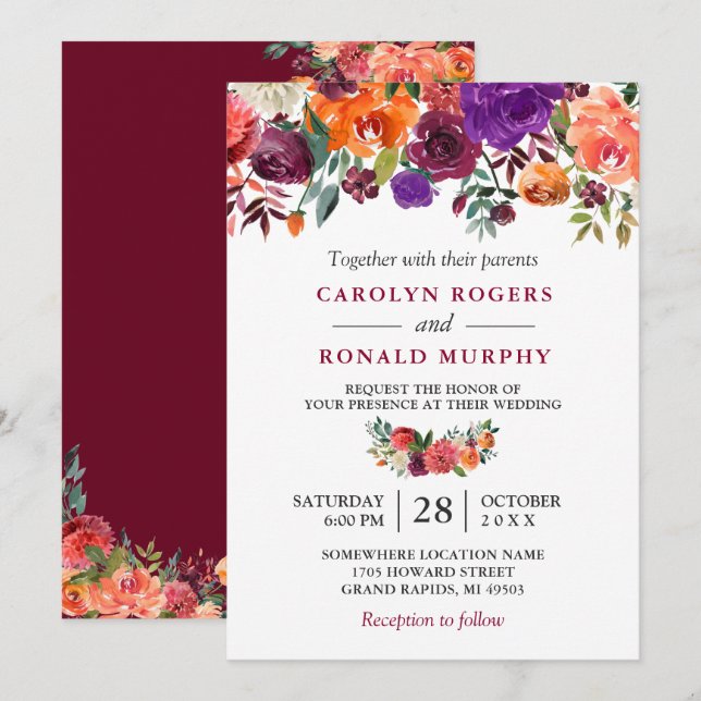 Invitación Naranja morado de Borgoña Boda floral rojo (Anverso / Reverso)