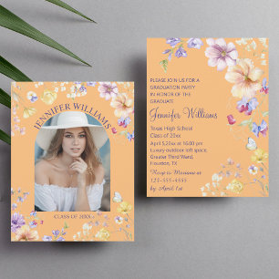 Invitación naranja morado elegante de foto de la graduación d