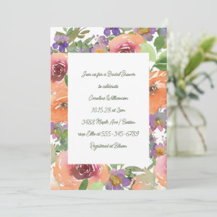 Invitación Naranja Morado Floral Hand Pintado Bridal Shower