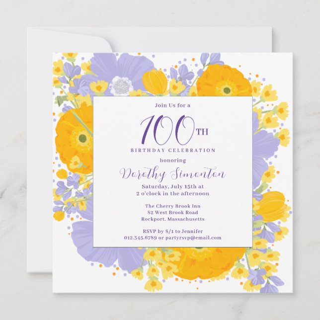 Invitación Naranja morado flores silvestres amarillas 100 cum (Anverso)