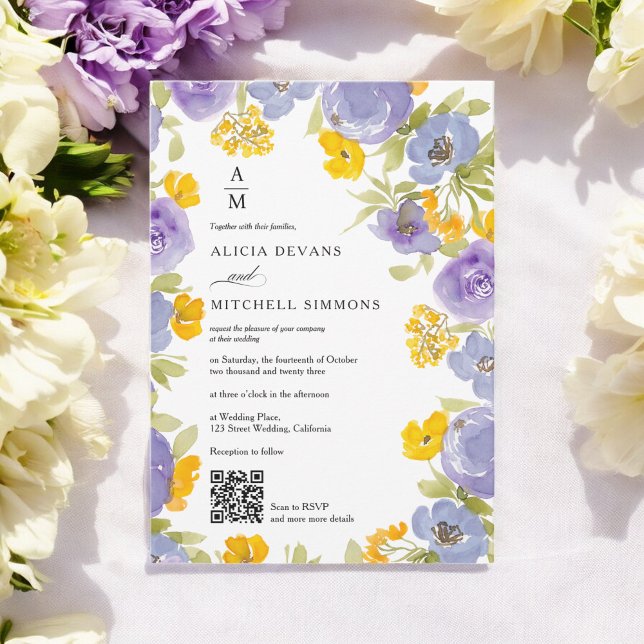 Invitación Naranja morado Monograma floral boda fotográfico Q (Purple orange Floral monogram Qr photo wedding Invitation)