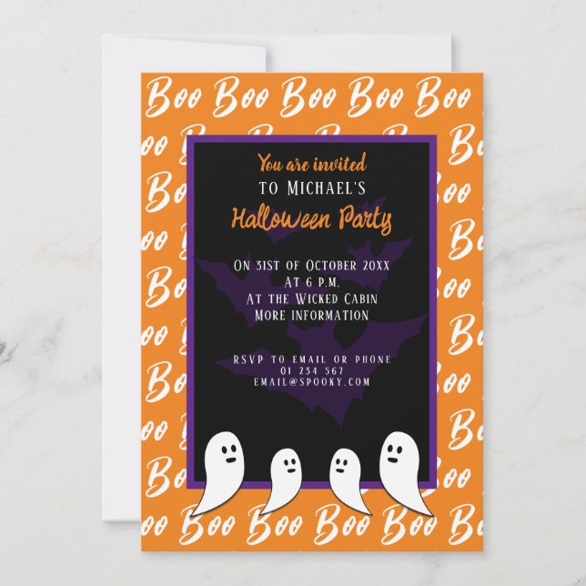 Invitación Naranja morado negro fantasma de Halloween (Anverso)