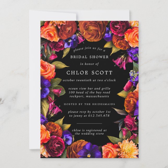 Invitación Naranja morado rojo borgoña ducha de novia floral  (Anverso)