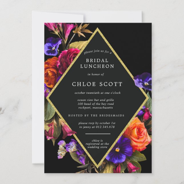 Invitación Naranja morado rojo borgoña ducha de novia floral  (Anverso)