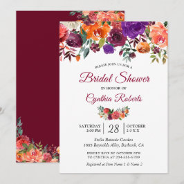 Invitación Naranja morado rojo borgoña ducha de novia floral