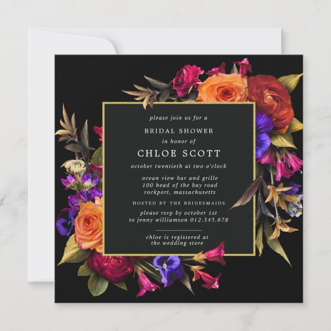 Invitación Naranja morado rojo borgoña ducha de novia floral (Anverso)