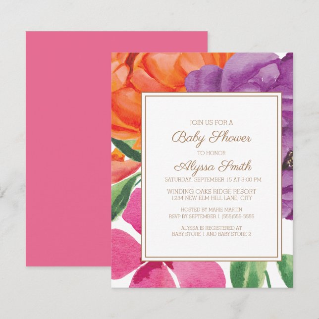 Invitación Naranja Morple Pink Floral Baby Shower (Anverso / Reverso)