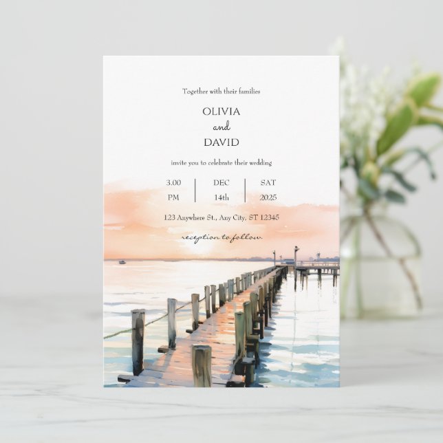 Invitación Naranja náutico Boda de muelle Sky Sunset (Anverso de pie)
