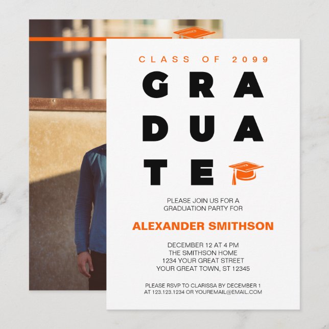 Invitación Naranja negrita Letras de GRADUADO y Graduación de (Anverso / Reverso)