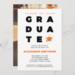 Invitación Naranja negrita Letras de GRADUADO y Graduación de
