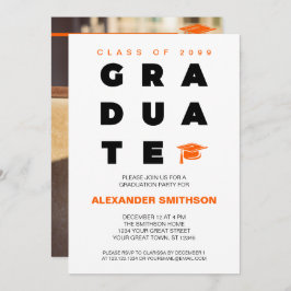 Invitación Naranja negrita Letras de GRADUADO y Graduación de