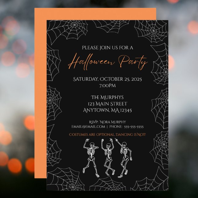 Invitación Naranja negro bailando esqueletos fiesta de Hallow (Subido por el creador)