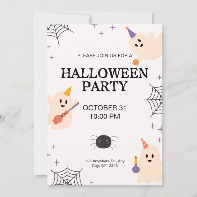 Invitación Naranja negro beige fiesta de Halloween lúdica (Anverso)