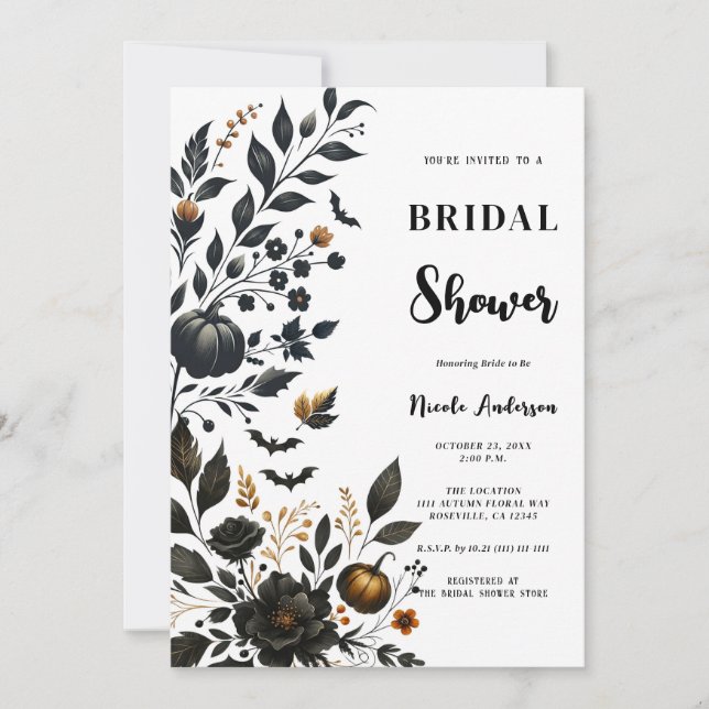 Invitación Naranja negro caída Floral Halloween Bridal Shower (Anverso)