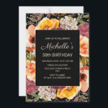 Invitación Naranja negro de Borgoña Floral Gold 50 cumpleaños<br><div class="desc">Elegante color burdeos y agua naranja floral con purpurina de oro en una invitación negra de fiesta de 50 años. Póngase en contacto con nosotros para obtener ayuda sobre la personalización o para solicitar productos coincidentes.</div>