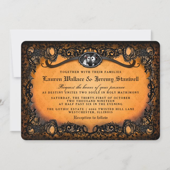 Invitación Naranja negro elegante Boda de esqueleto de Hallow (Anverso)