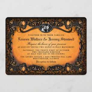 Invitación Naranja negro elegante Boda de esqueleto de Hallow