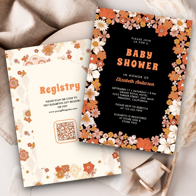 Invitación Naranja negro Groovy Retro Wildflower Baby Shower (Subido por el creador)