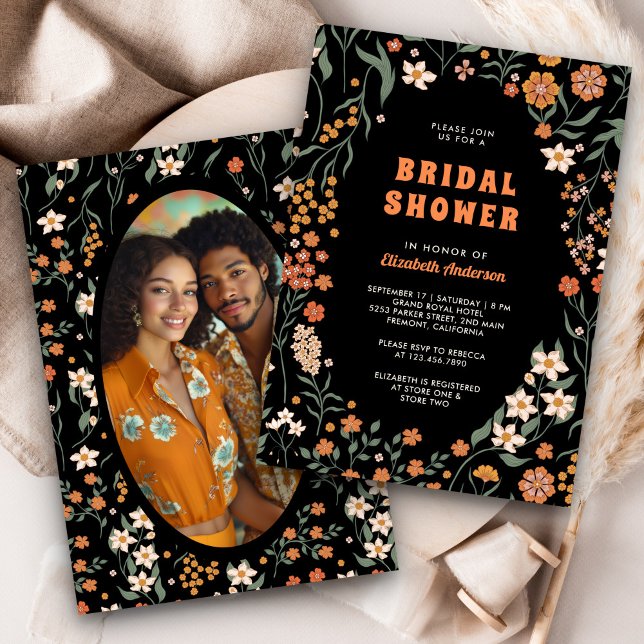 Invitación Naranja negro Groovy Wildflower Bridal Shower (Subido por el creador)