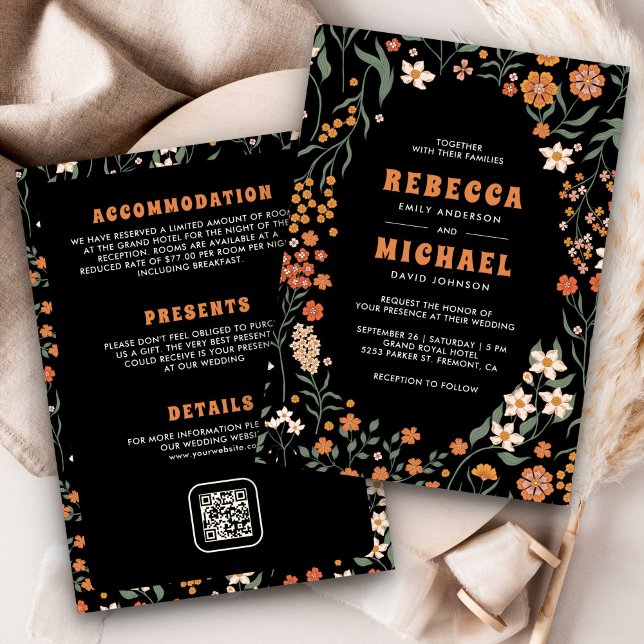 Invitación Naranja negro Groovy Wildflower todo en un Boda (Subido por el creador)