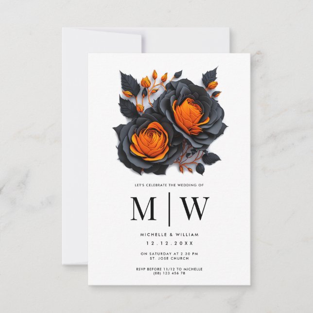 Invitación Naranja negro Rosas Boda gótico (Anverso)