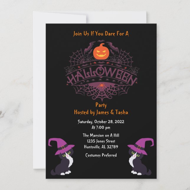 Invitación Naranja negro y fiesta morada de Halloween (Anverso)